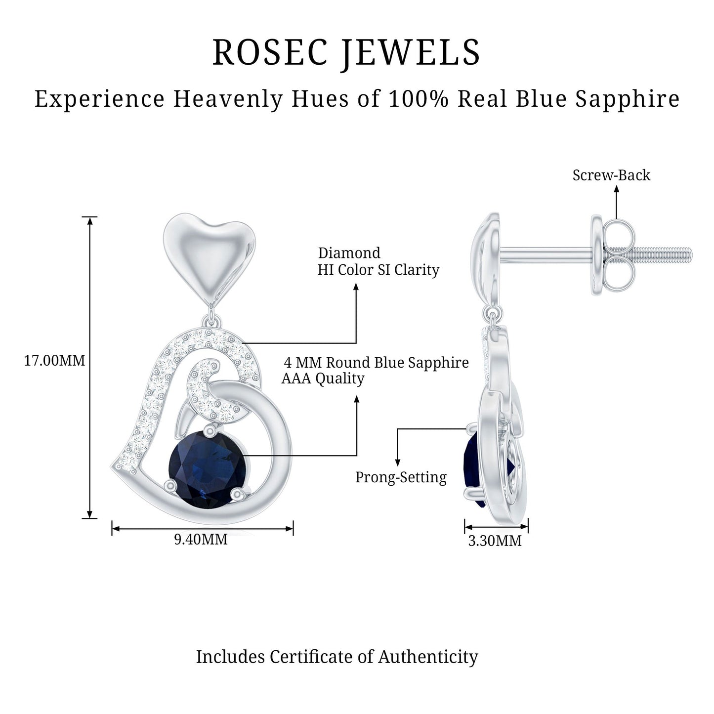 Real 0.8 Carat Blue Sapphire and Diamond Dangling Earrings