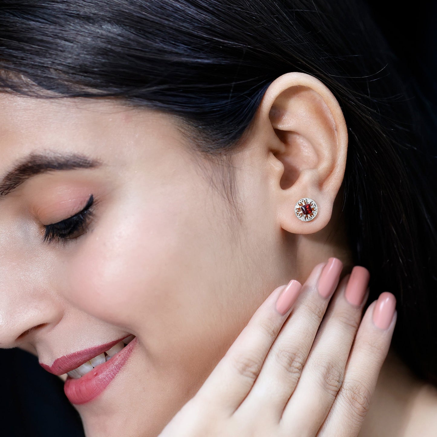 Vintage Inspired Garnet Stud Earrings with Diamond in Silver