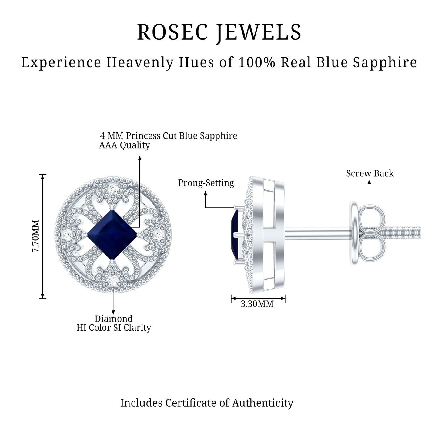 Antique Inspired Blue Sapphire and Diamond Stud Earrings