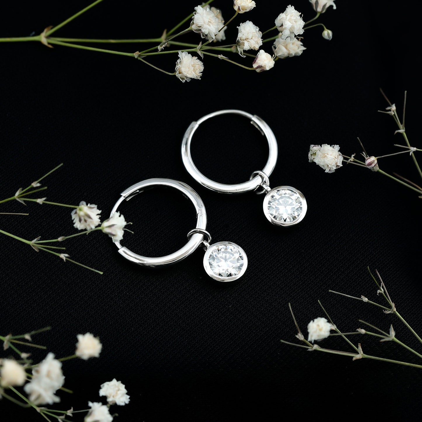 Bezel Set 2 Carat Round Moissanite Drop Hoop Earrings