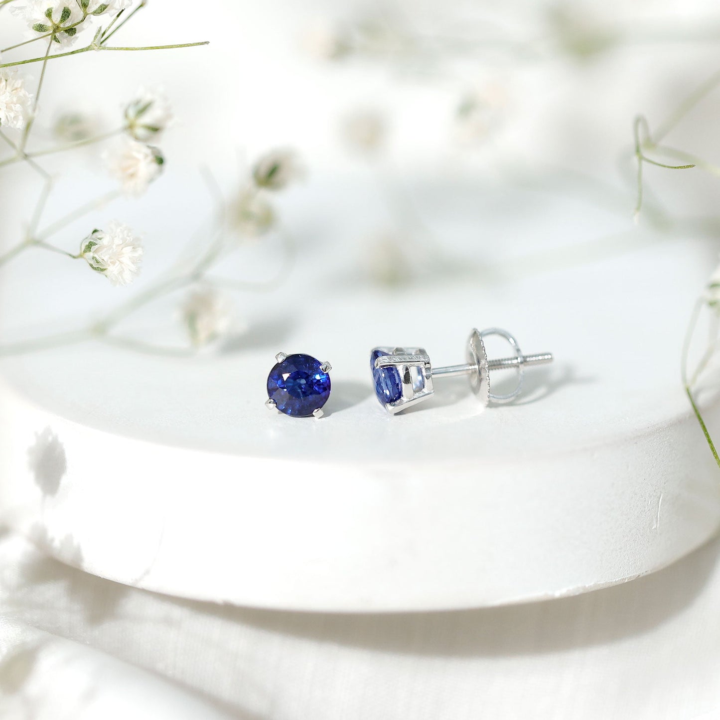 1.9 Carat Round Blue Sapphire Solitaire Stud Earrings in Claw Setting