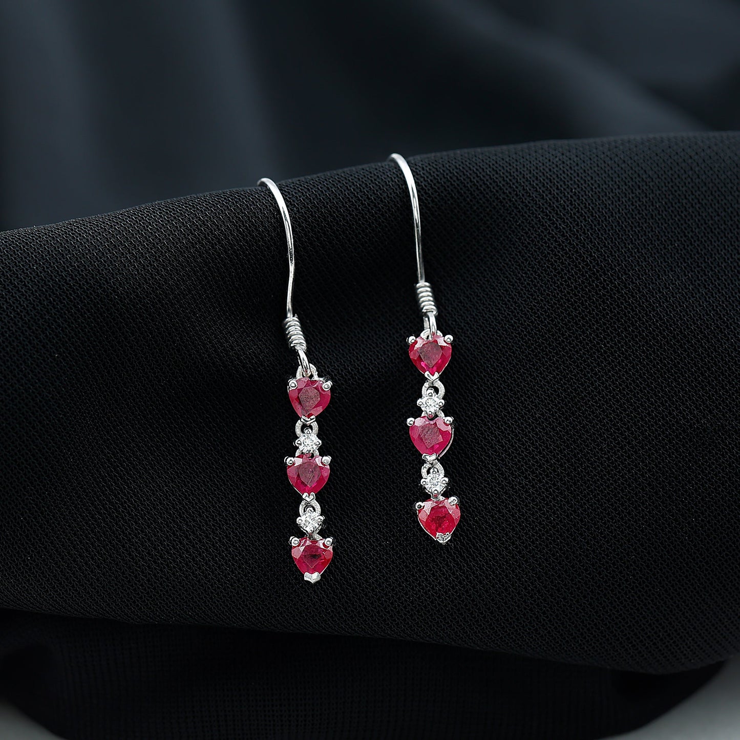 Lab Grown Ruby Heart Dangle Earrings with Diamond