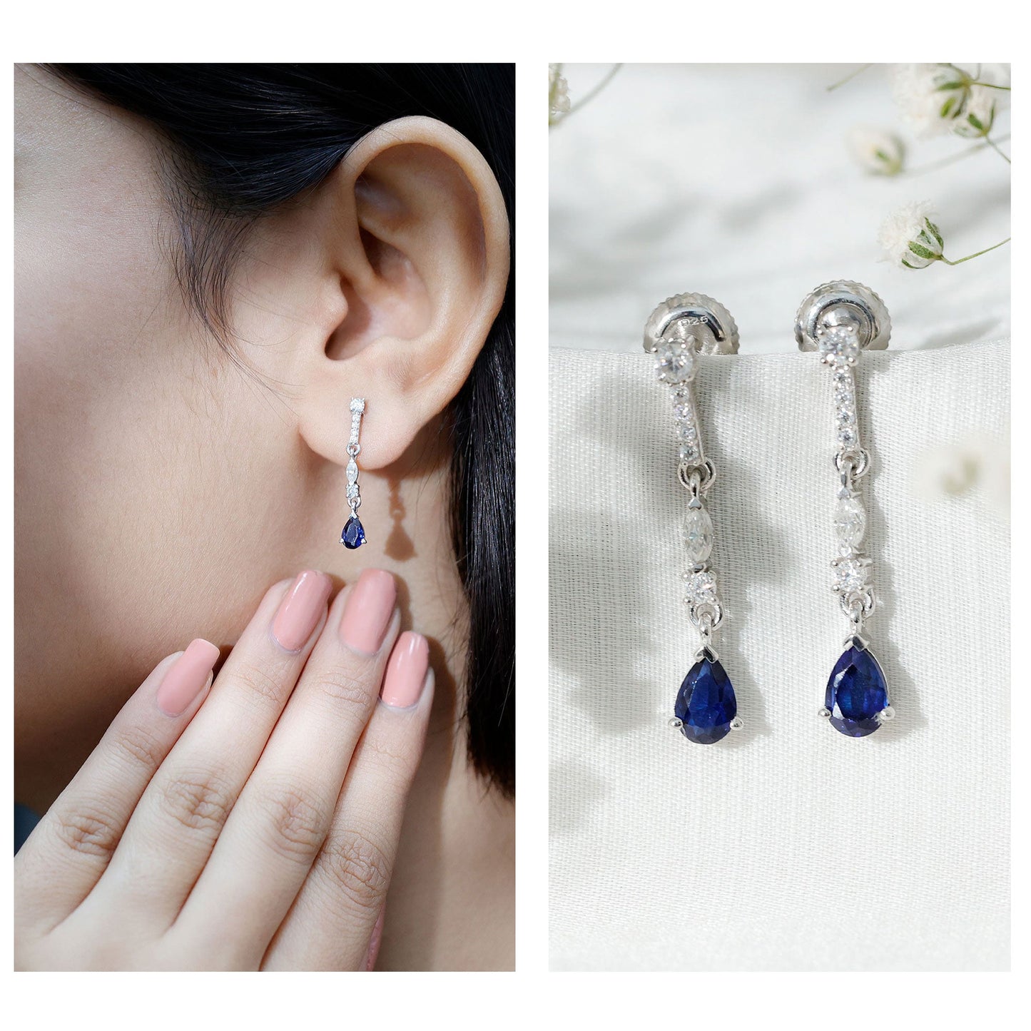 Womens Lab Grown Blue Sapphire Drop Dangle Earrings with Certificate