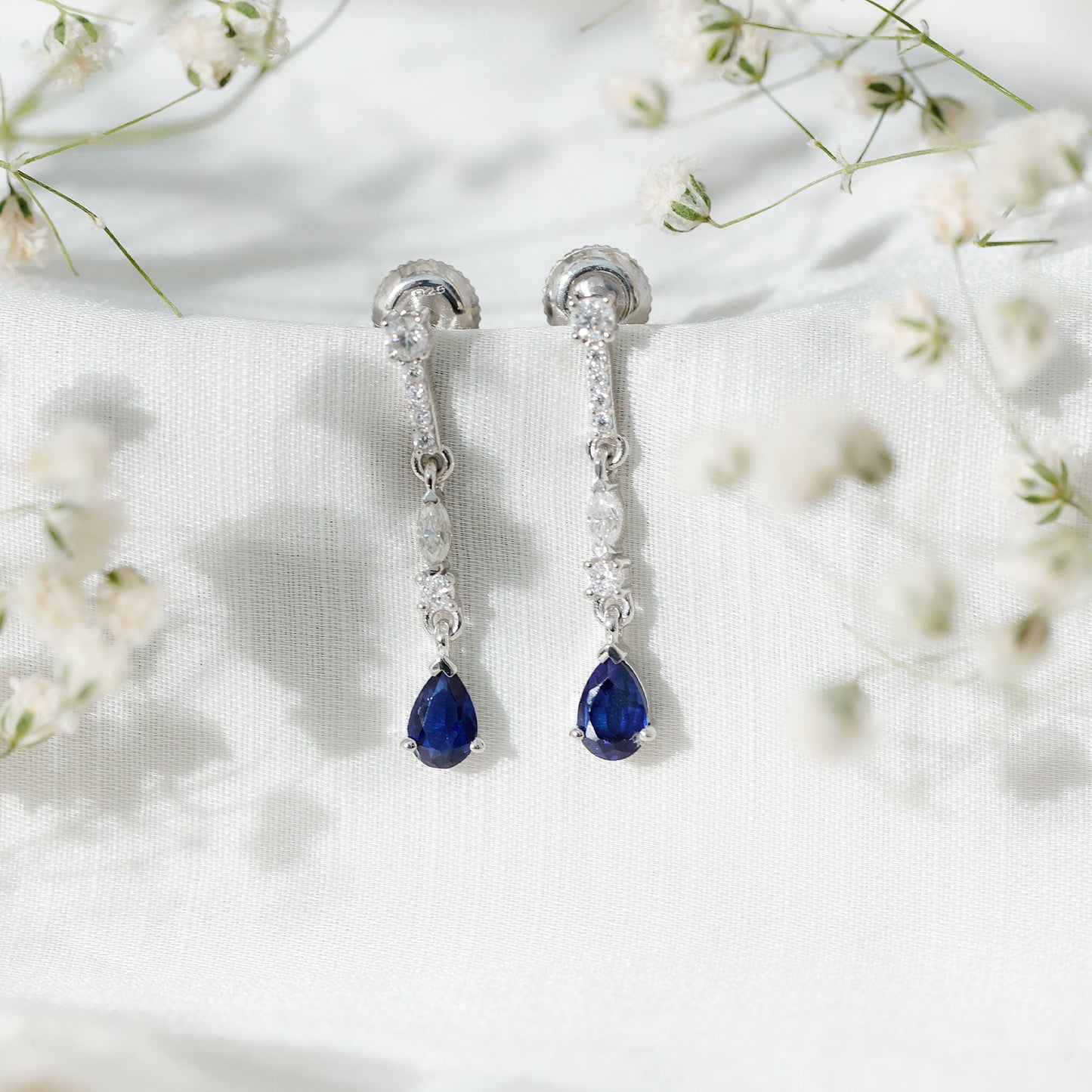 Womens Lab Grown Blue Sapphire Drop Dangle Earrings with Certificate