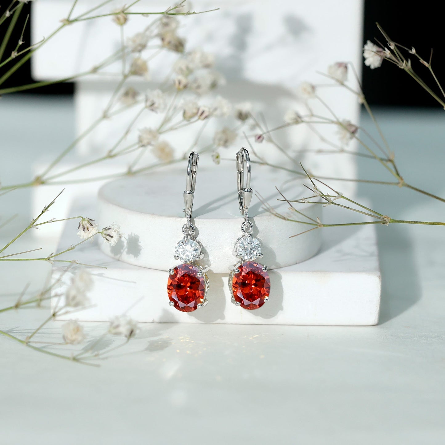 Certified 8 Carat Lab Grown Orange Sapphire Drop Earrings with Moissanite