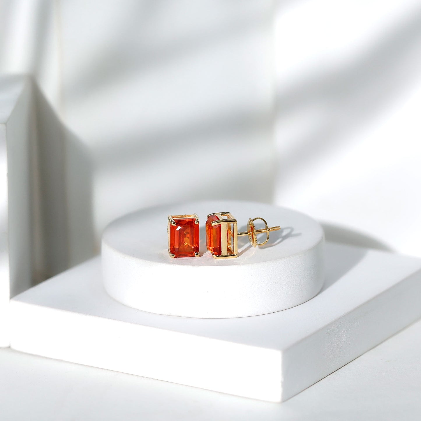 Lab Grown Orange Sapphire Emerald Cut Stud Earrings
