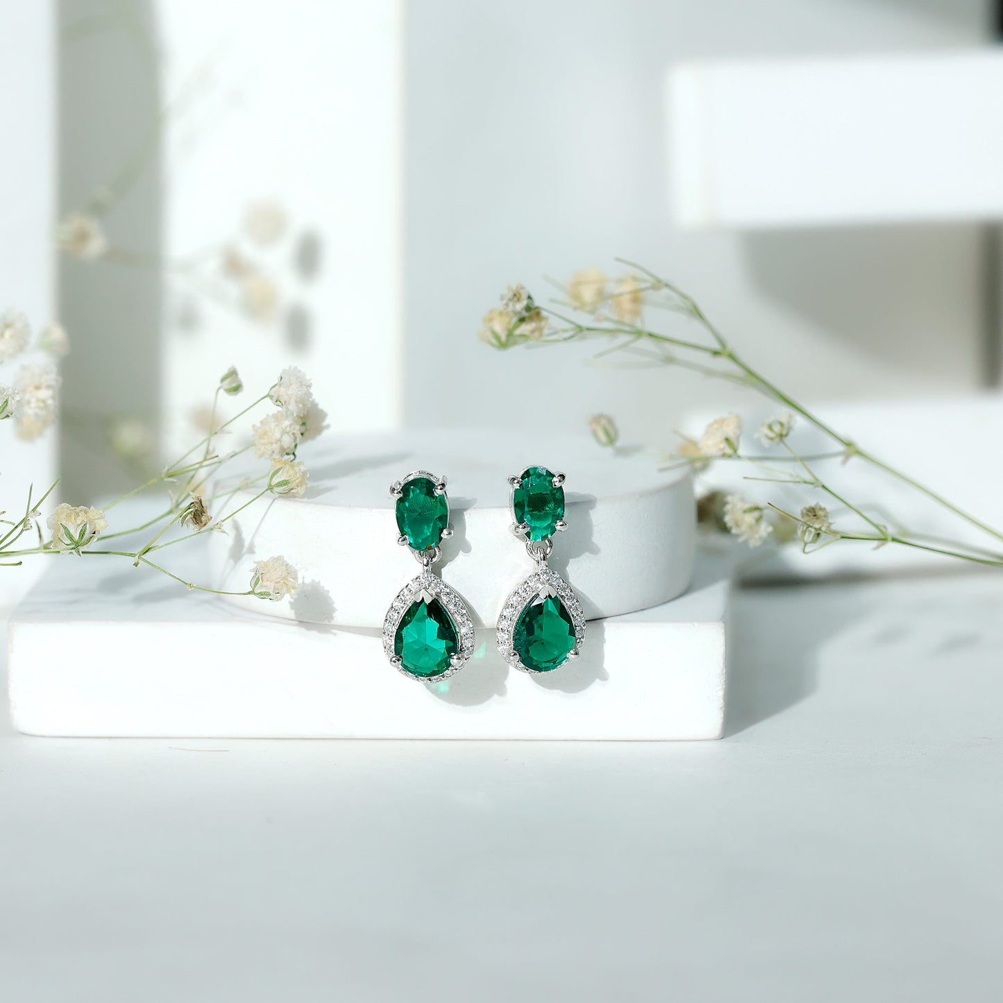 Lab Created Emerald Classic Dangle Earrings with Moissanite