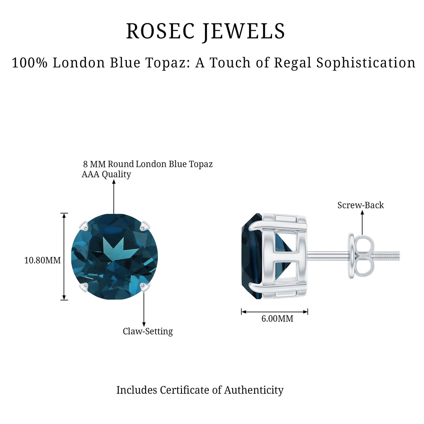 Solitaire 4 Carat London Blue Topaz Stud Earrings with Screw Backs