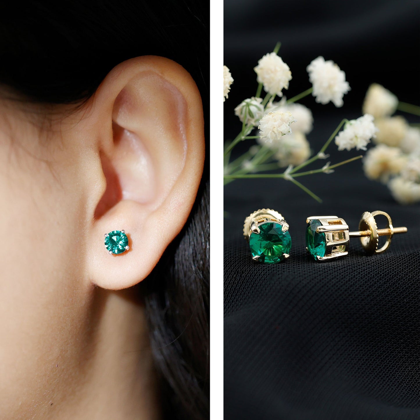 1.6 Carat Round Lab Created Emerald Solitaire Stud Earrings