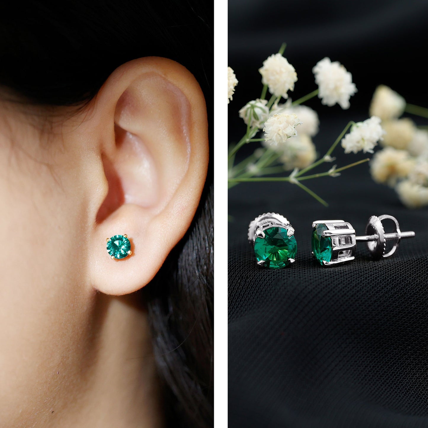 1.6 Carat Round Lab Created Emerald Solitaire Stud Earrings