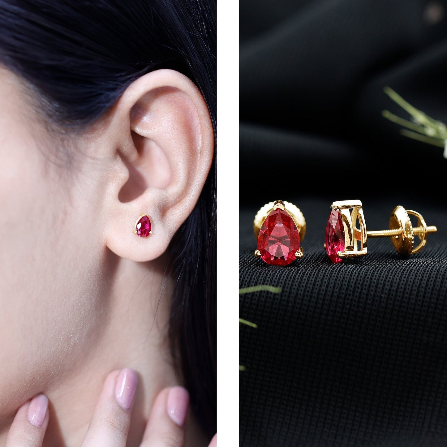Solitaire 1.5 Carat Pear Shaped Lab Created Ruby Stud Earrings