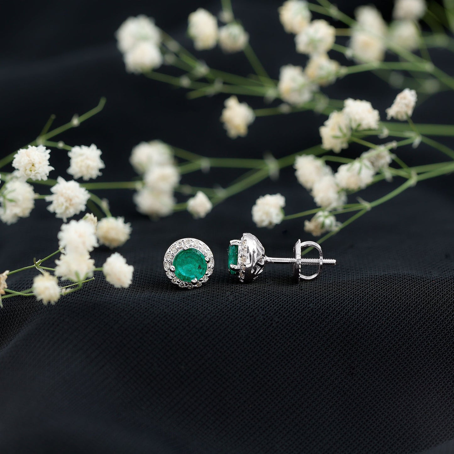 Halo Stud Earrings with Emerald and Diamond