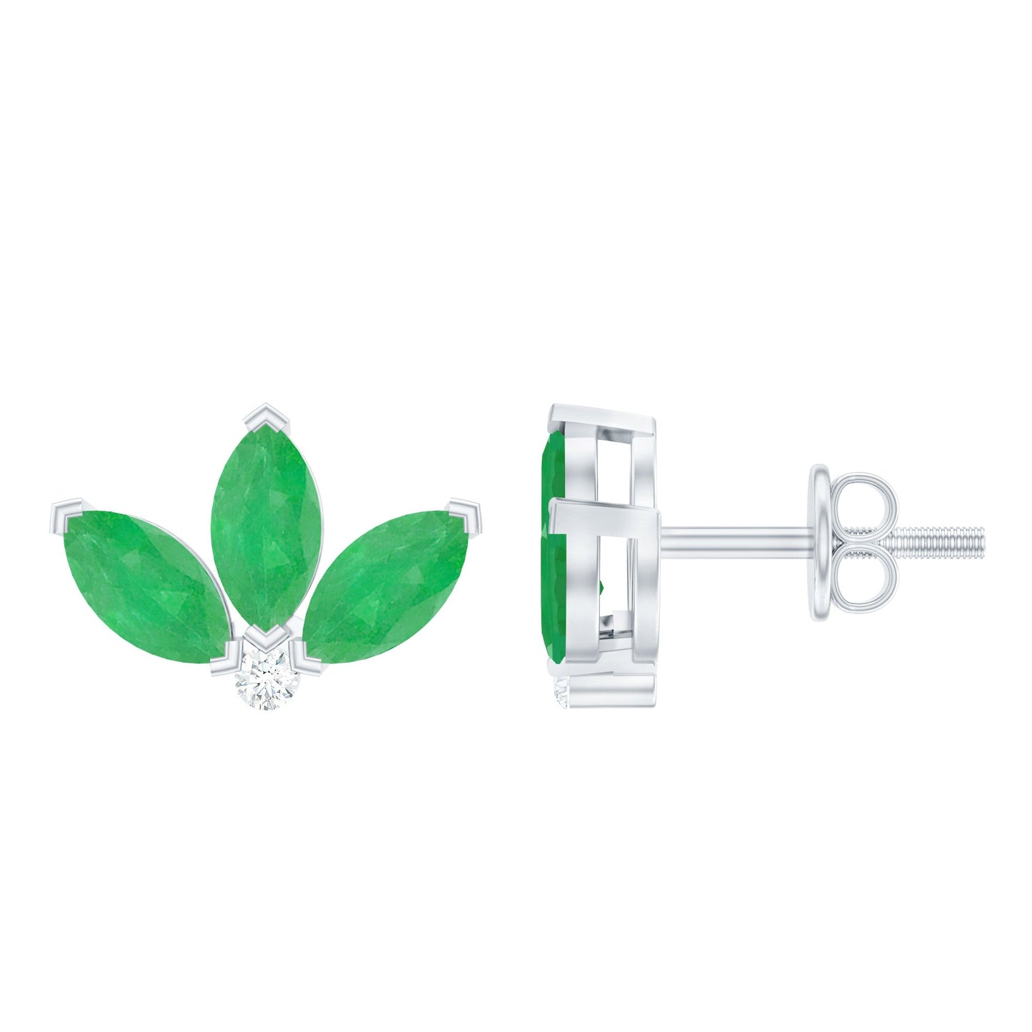 Genuine Emerald and Diamond Lotus Stud Earrings