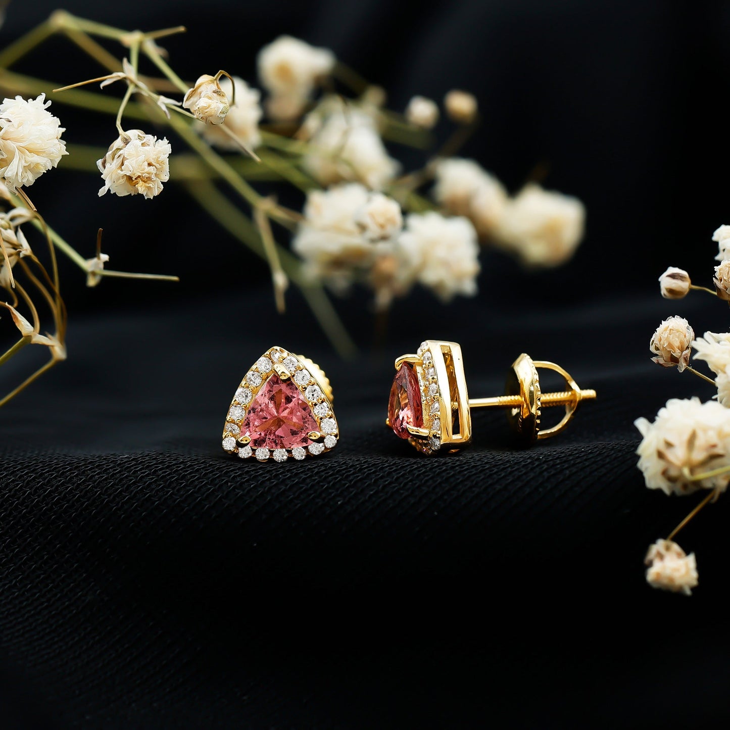 Real Trilliant Cut 1 Carat Pink Tourmaline Stud Earrings with Lab Diamond