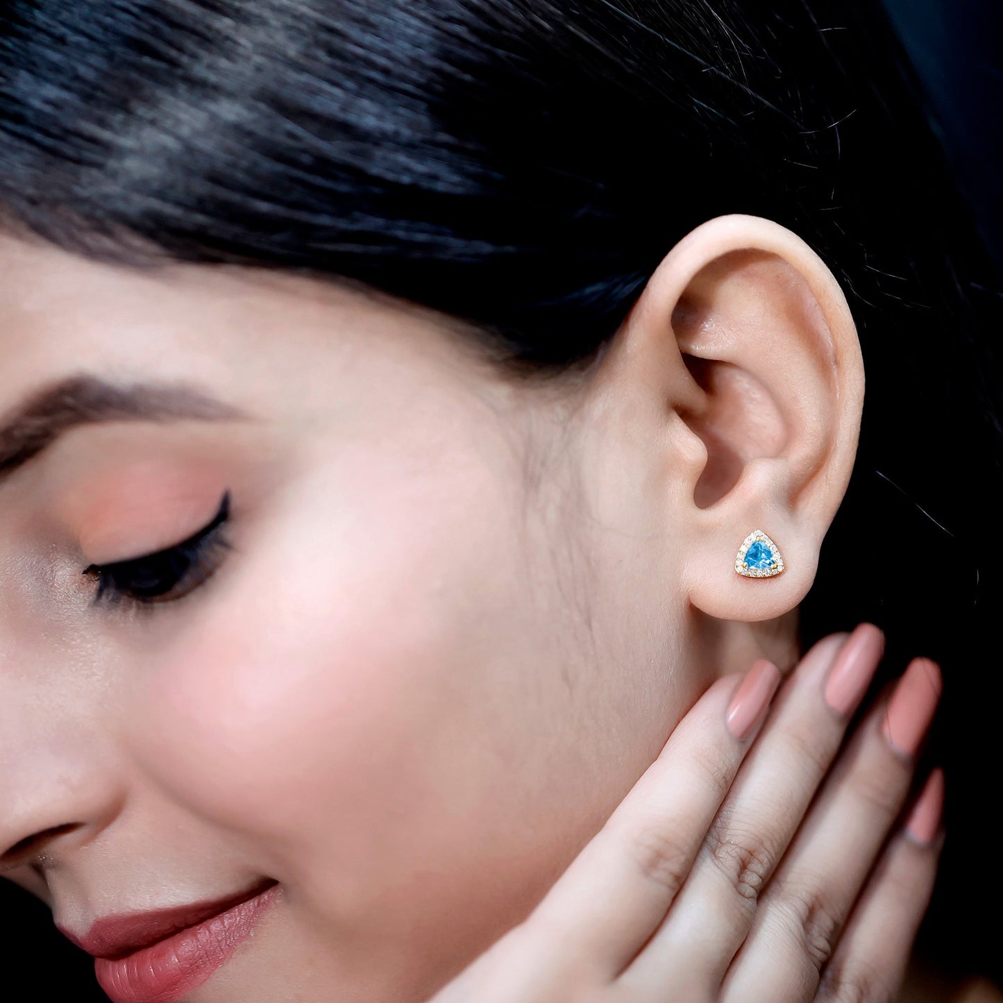 Natural Trilliant Cut Blue Topaz and Diamond Stud Earrings