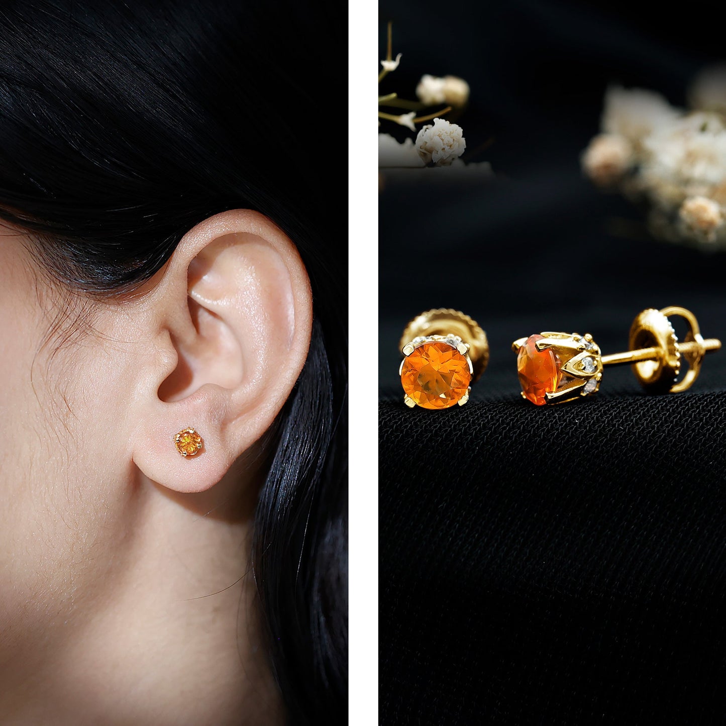 Solitaire Fire Opal Stud Earrings with Diamond Accent