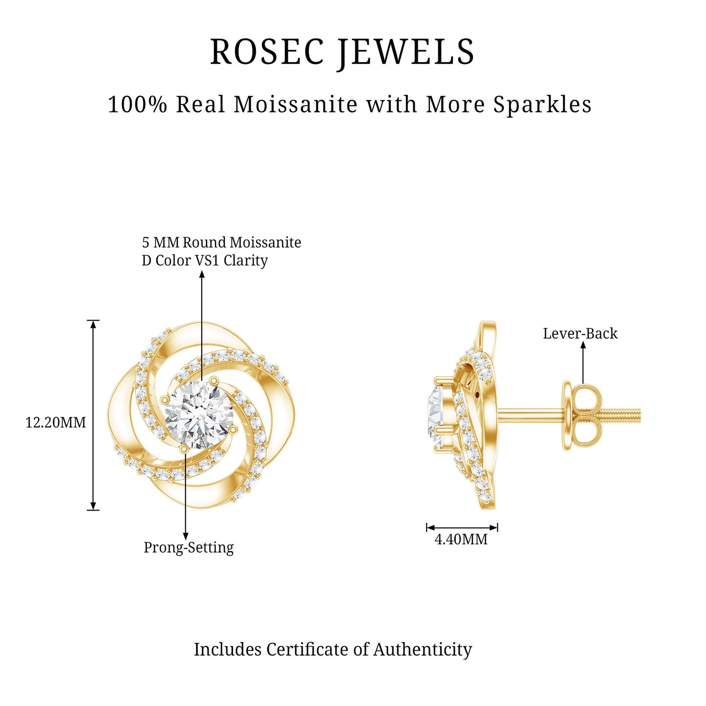 1 CT Round Shape Moissanite Swirl Stud Earrings