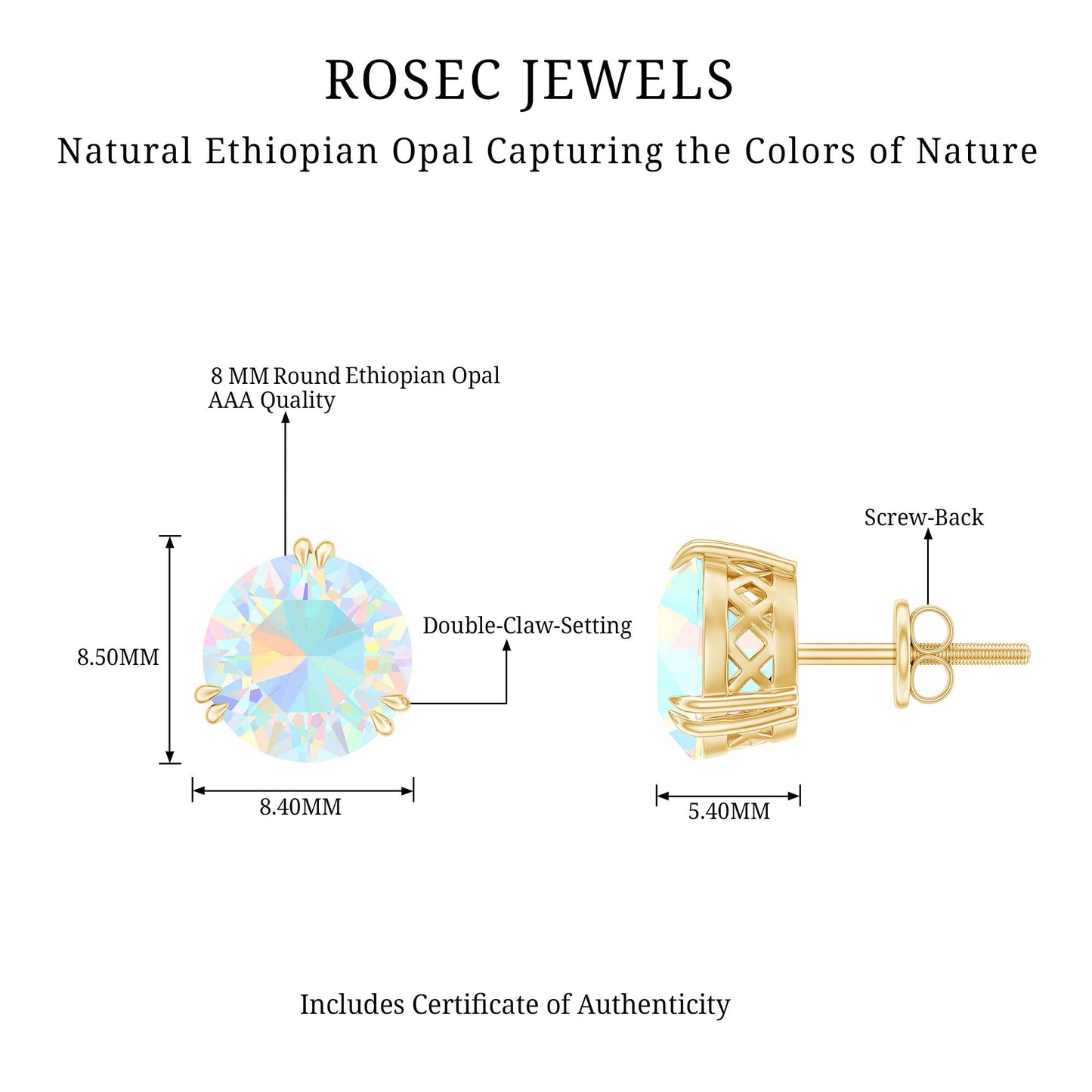 4 Carat Ethiopian Opal Solitaire Stud Earrings in Double Prong Setting