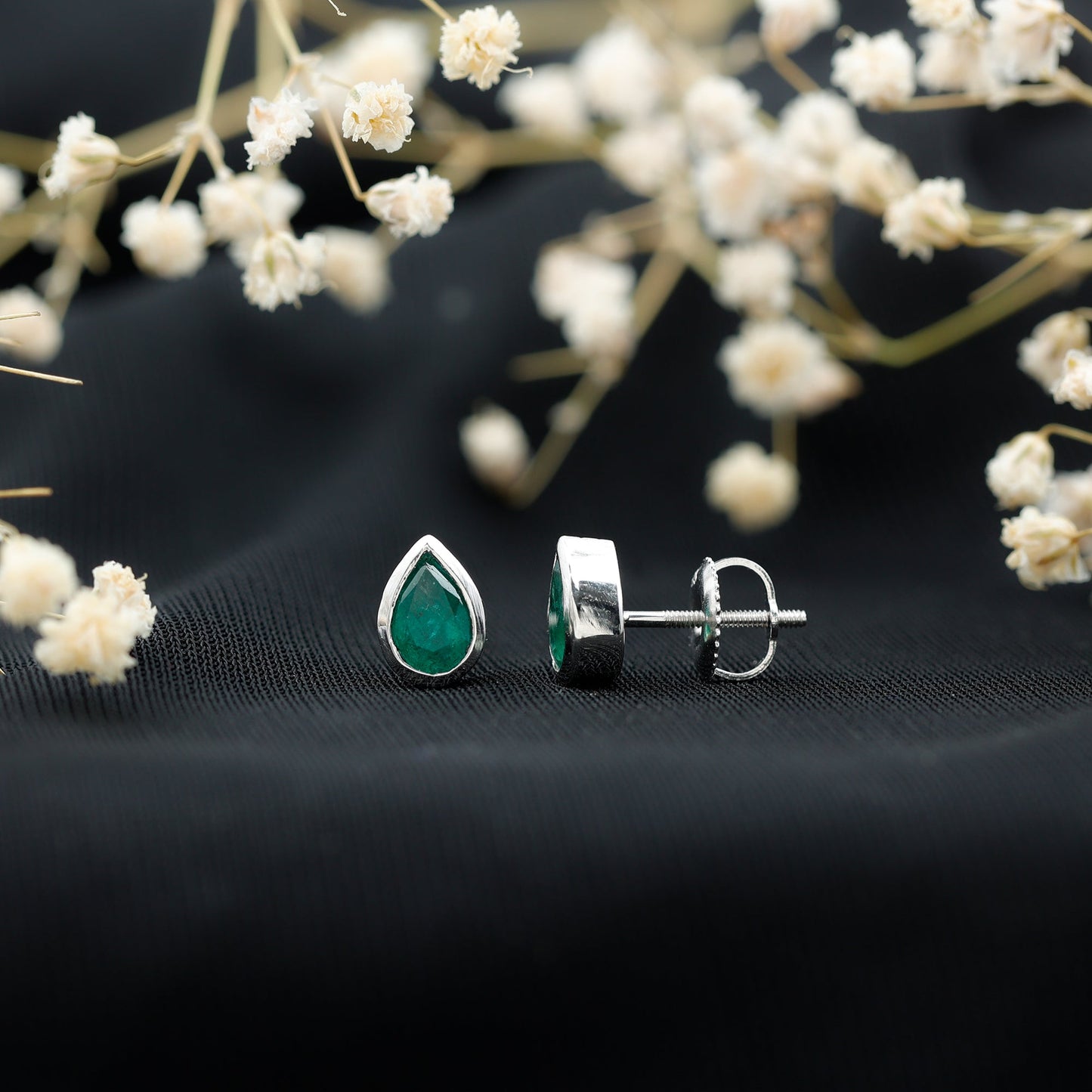 Genuine Emerald Teardrop Stud Earrings in Bezel Setting