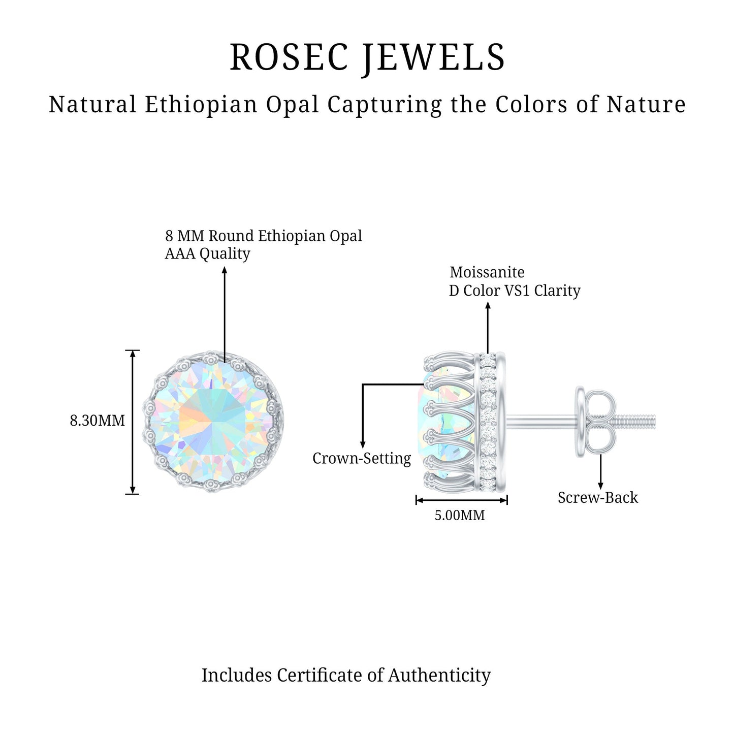 Real Ethiopian Opal Crown Stud Earrings with Certificate