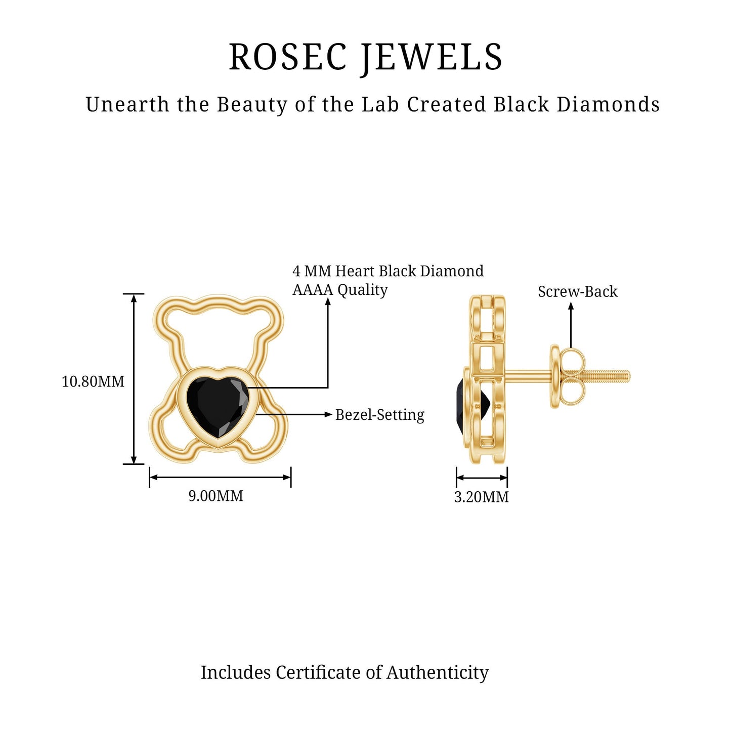 Heart Shape Lab Created Black Diamond Teddy Bear Stud Earrings