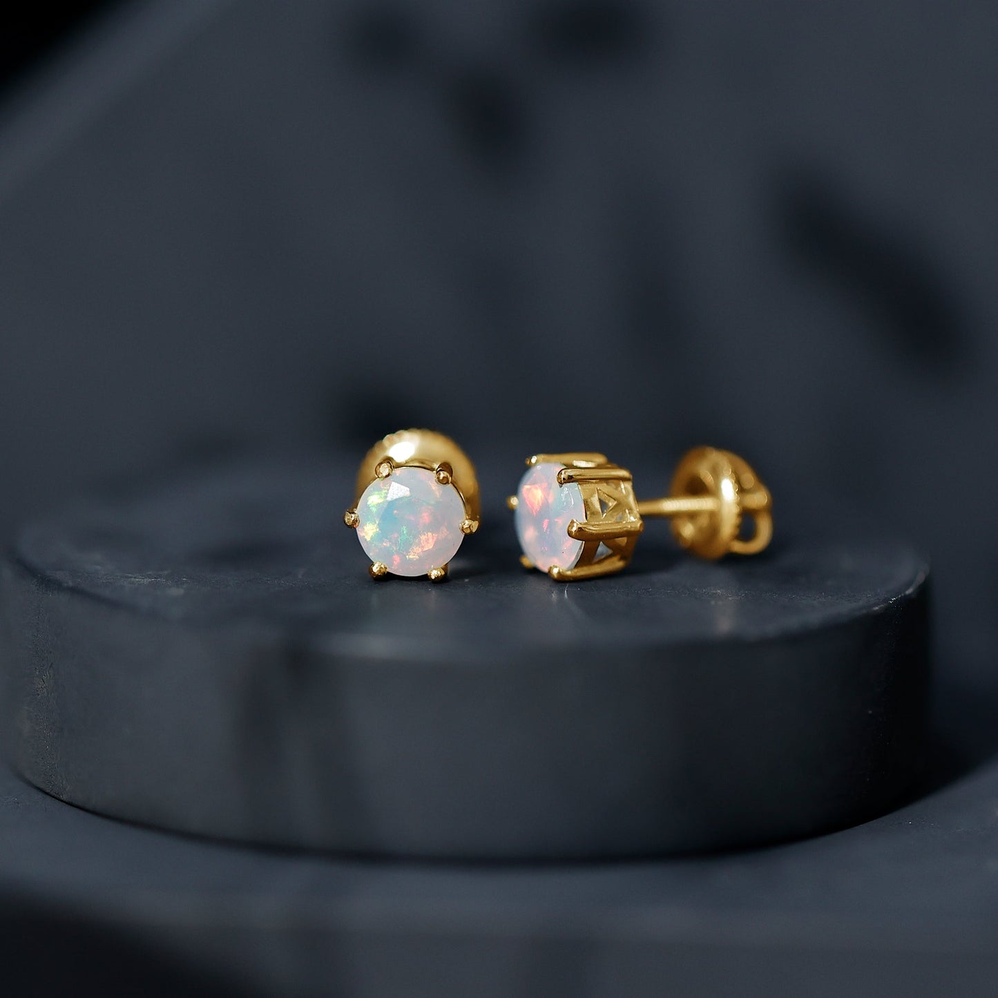 1.6 Carat Round Ethiopian Opal Solitaire Stud Earrings in 6 Claw Setting