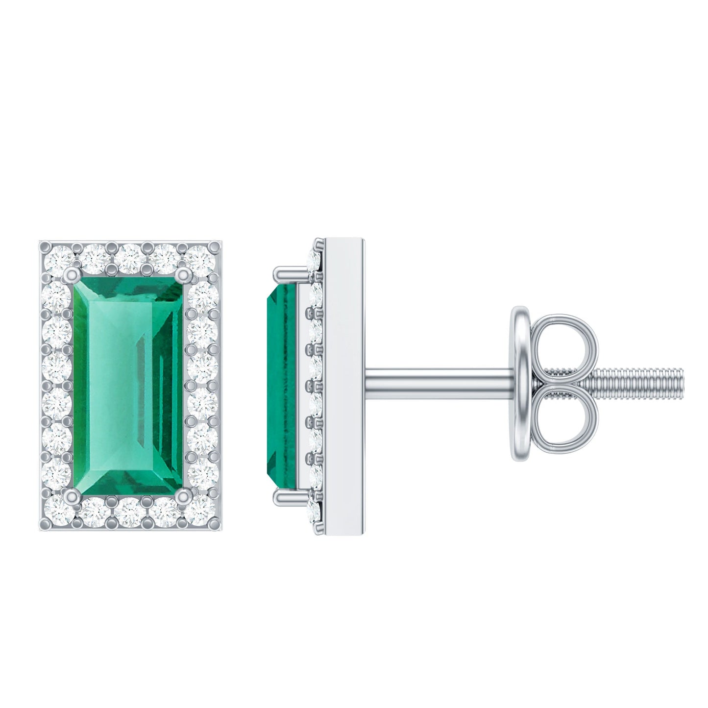 Baguette Cut Lab Grown Emerald and Diamond Halo Stud Earrings