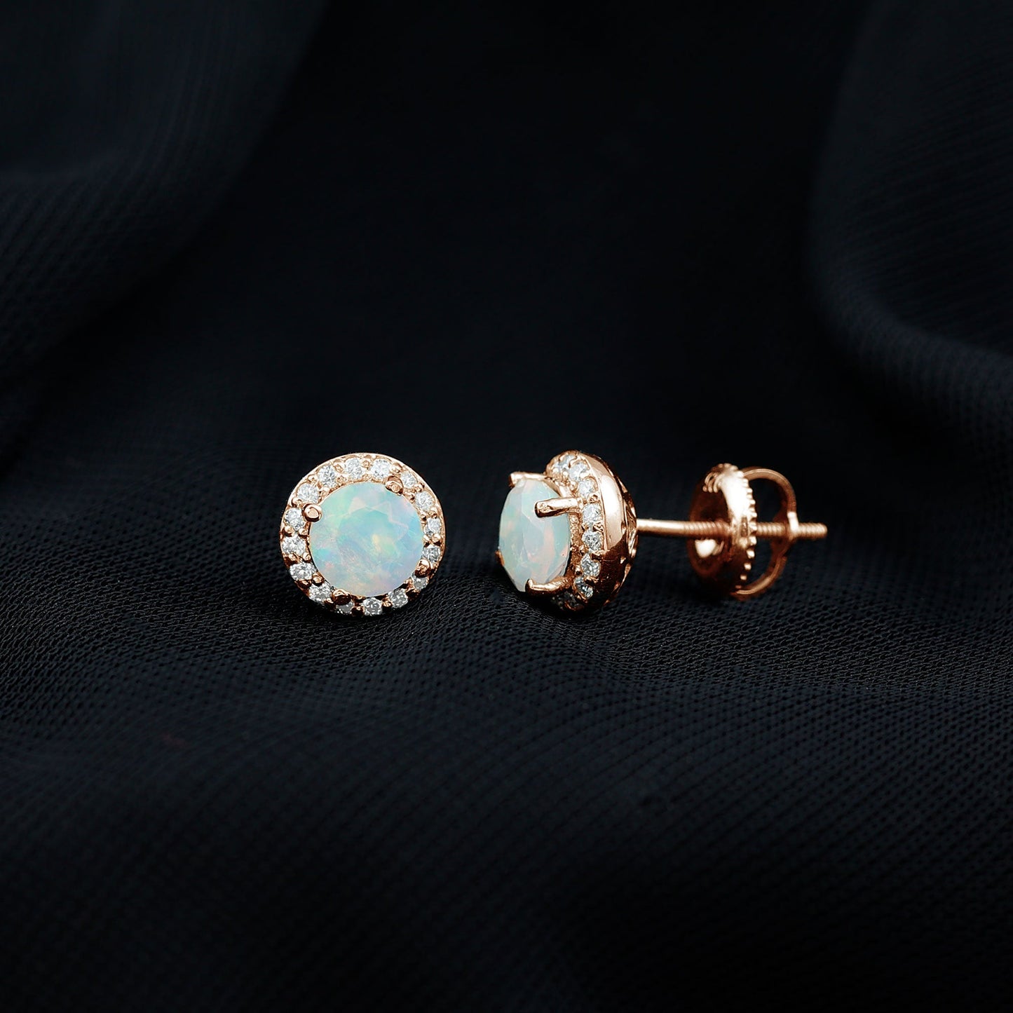 Natural Ethiopian Opal and Moissanite Halo Stud Earrings