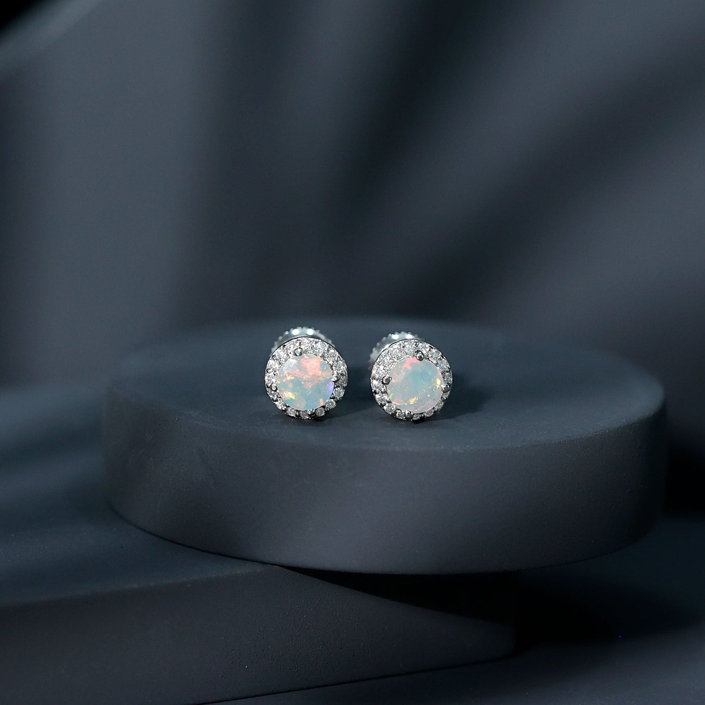 Natural Ethiopian Opal and Moissanite Halo Stud Earrings