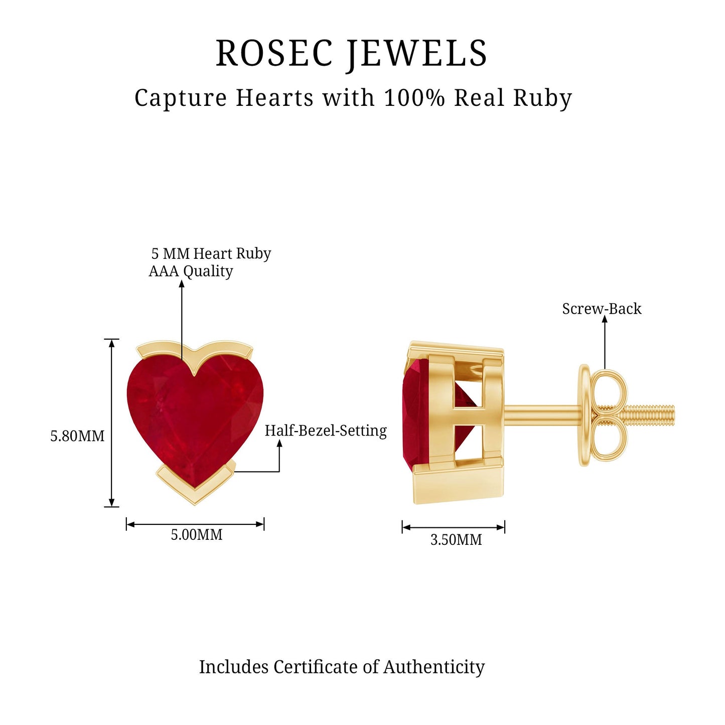 1.3 CT Heart Shape Ruby Solitaire Stud Earrings