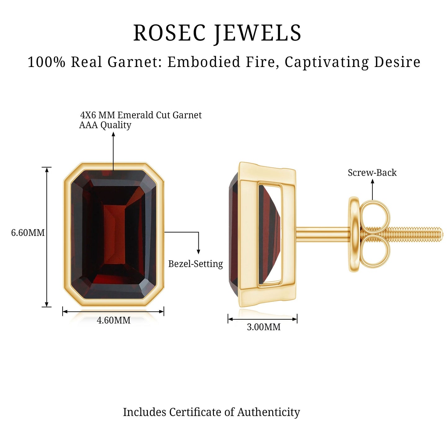 1.4 CT Emerald Cut Garnet Solitaire Stud Earrings in Bezel Setting