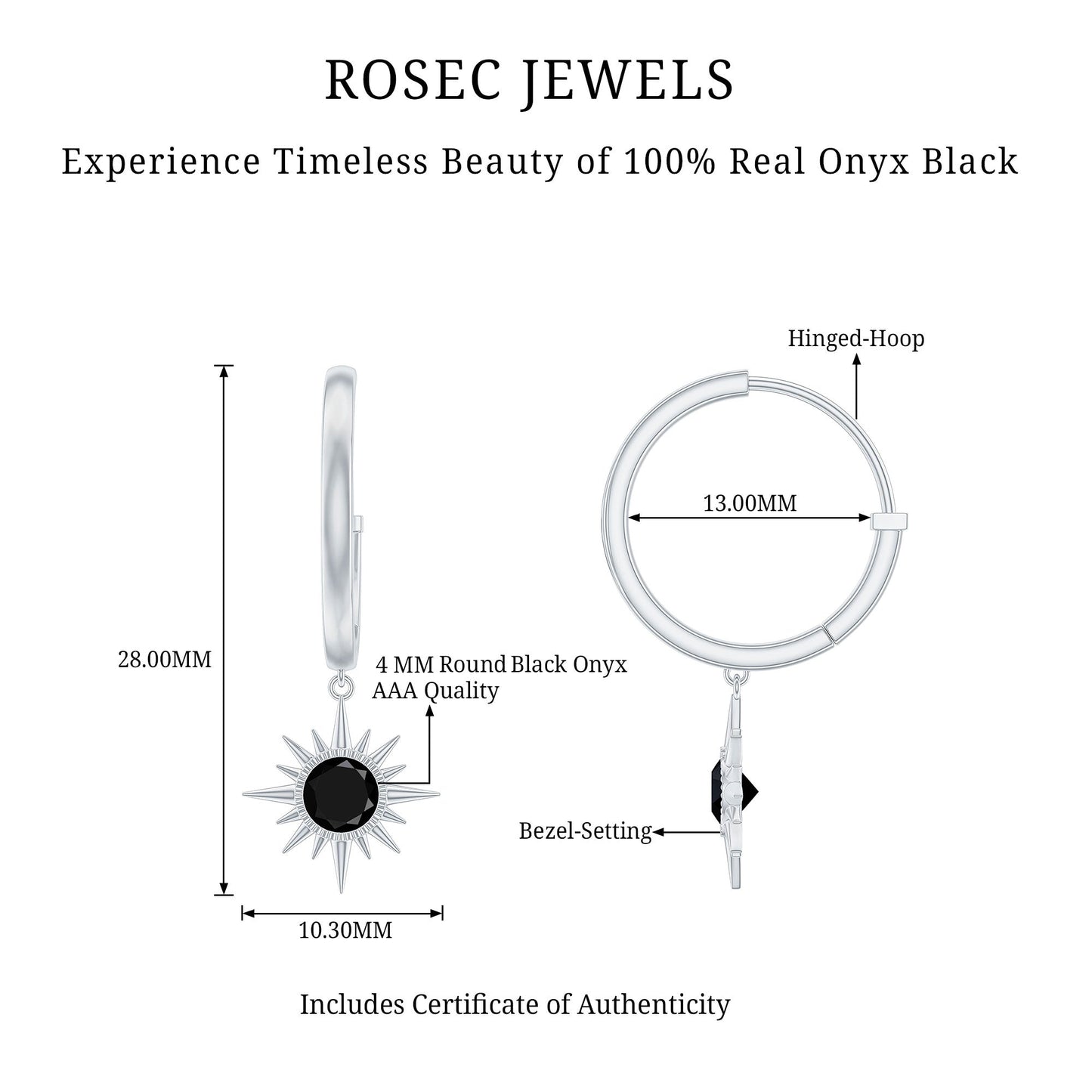 Natural Black Onyx Sunburst Hoop Drop Earrings