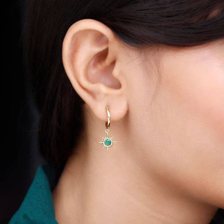 Real Emerald Sunburst Hoop Drop Earrings with Certificate