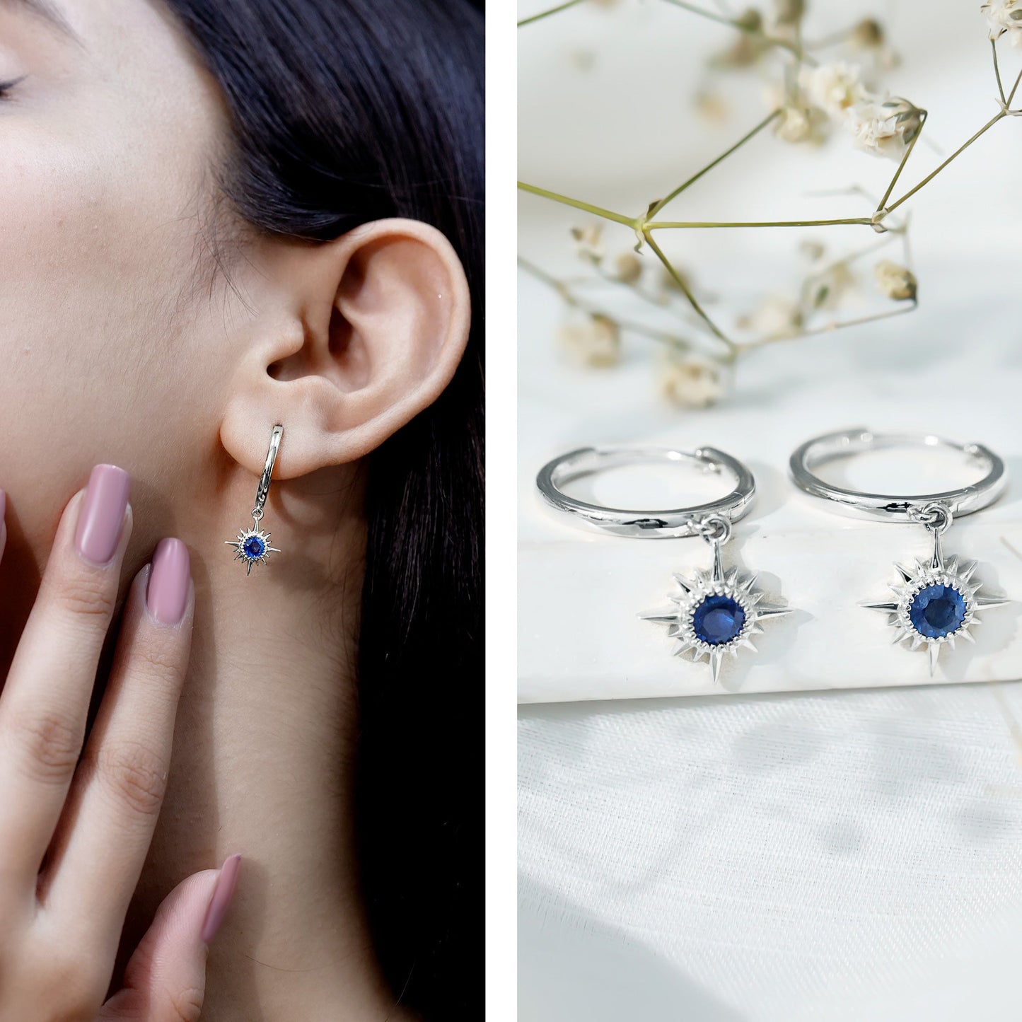 Bezel Set Blue Sapphire Sunburst Drop Hoop Earrings