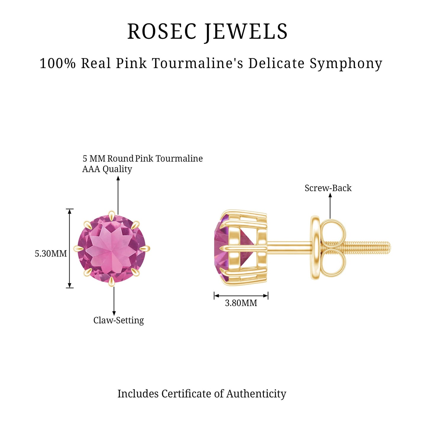 Genuine 0.9 Carat Pink Tourmaline Stud Earrings with Screw Back