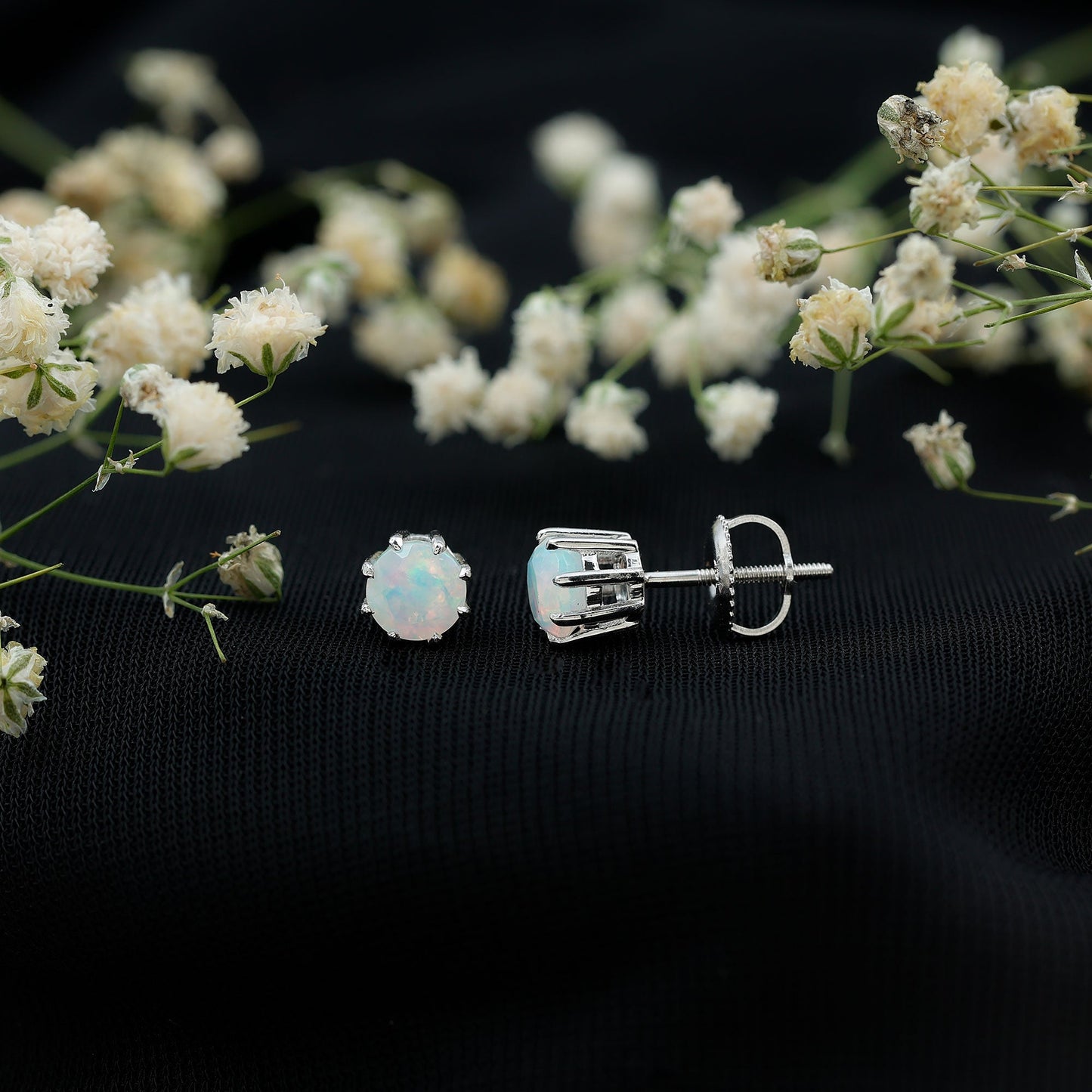 1 Carat Natural Ethiopian Opal Solitaire Stud Earrings