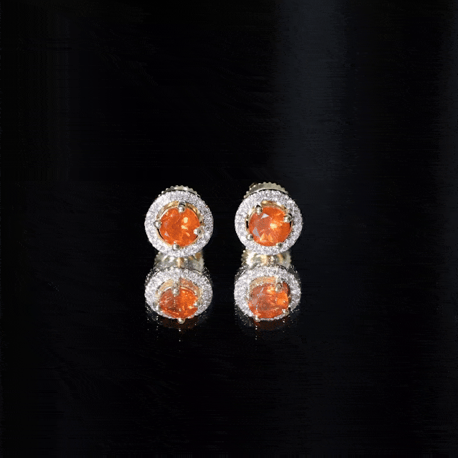 Natural Orange Fire Opal Stud Earrings With Diamonds