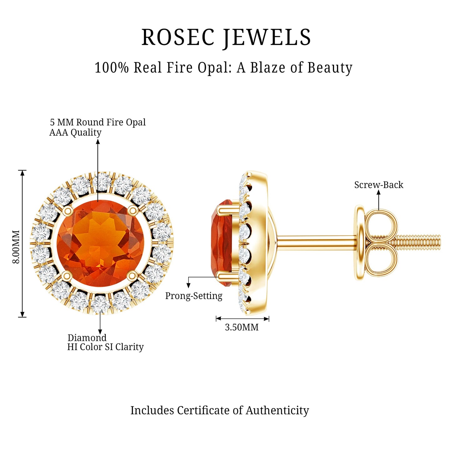 Natural Orange Fire Opal Stud Earrings With Diamonds