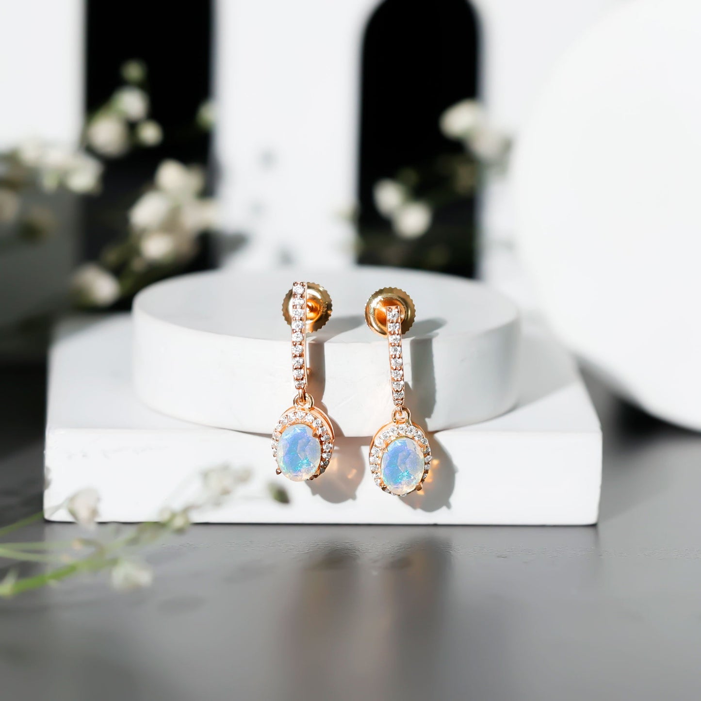 Natural Ethiopian Opal Hoop Drop Earrings with Diamond