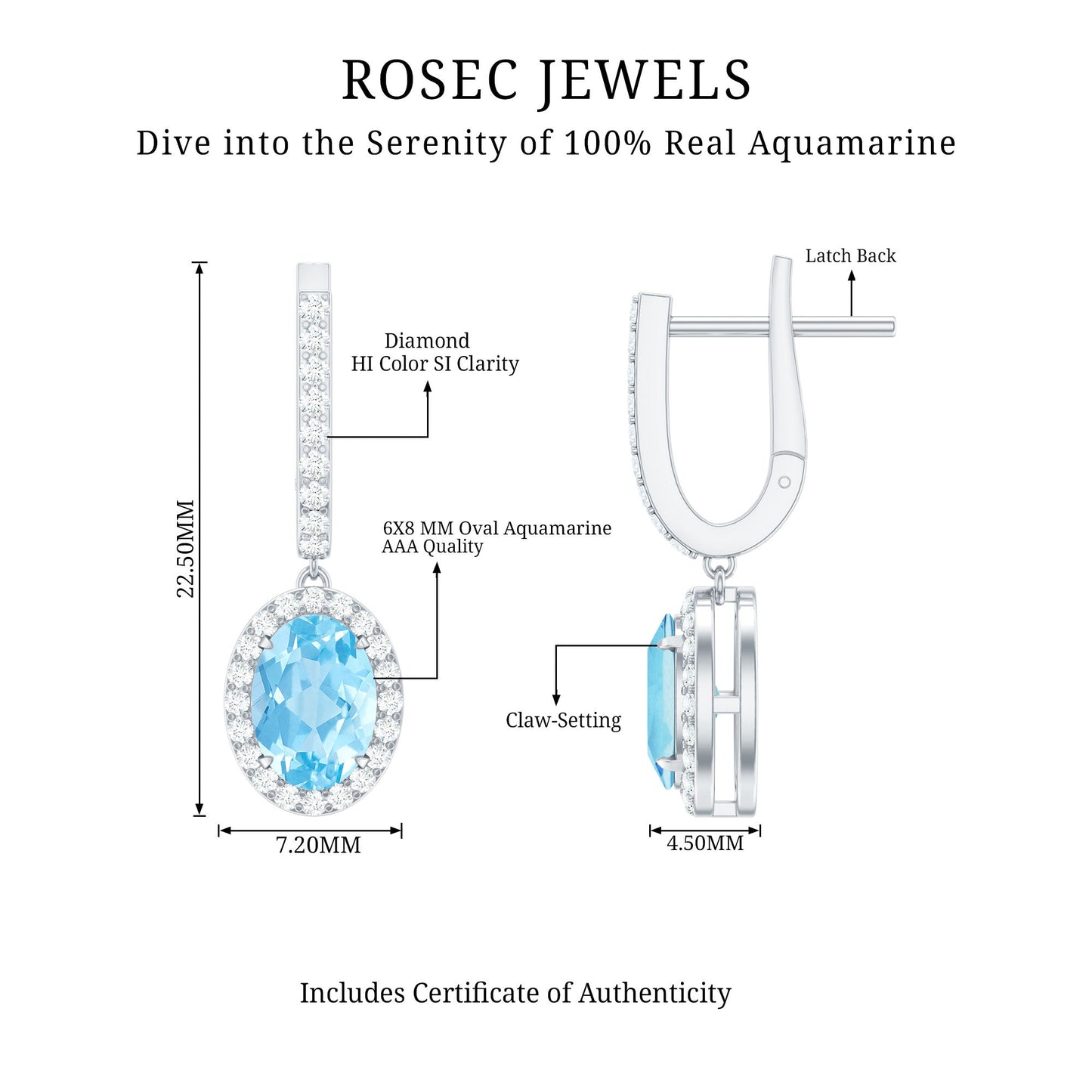 Natural 2.2 Carat Oval Aquamarine Drop Earrings with Diamond Halo