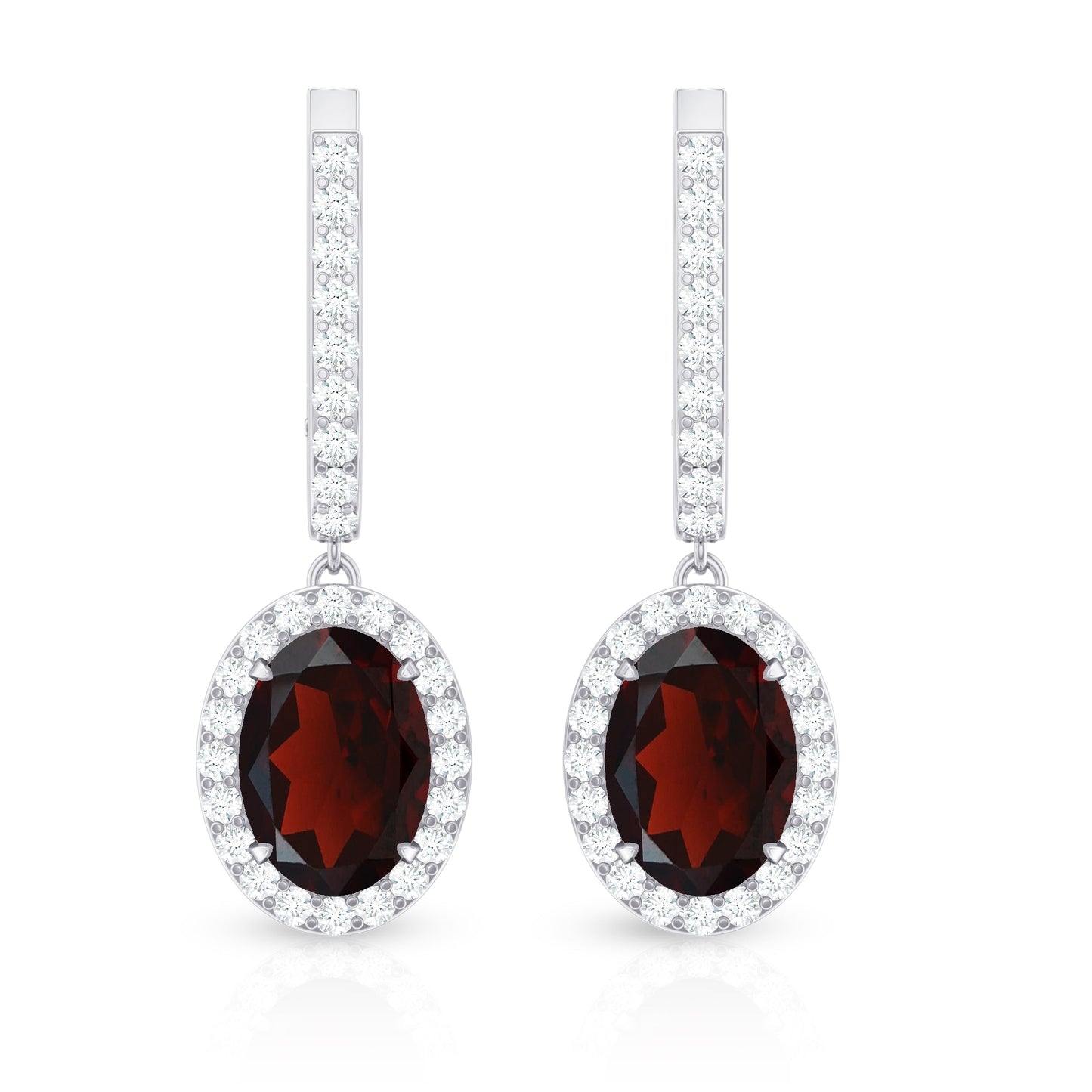Oval Garnet and Diamond Hoop Drop Earrings with Latch Back