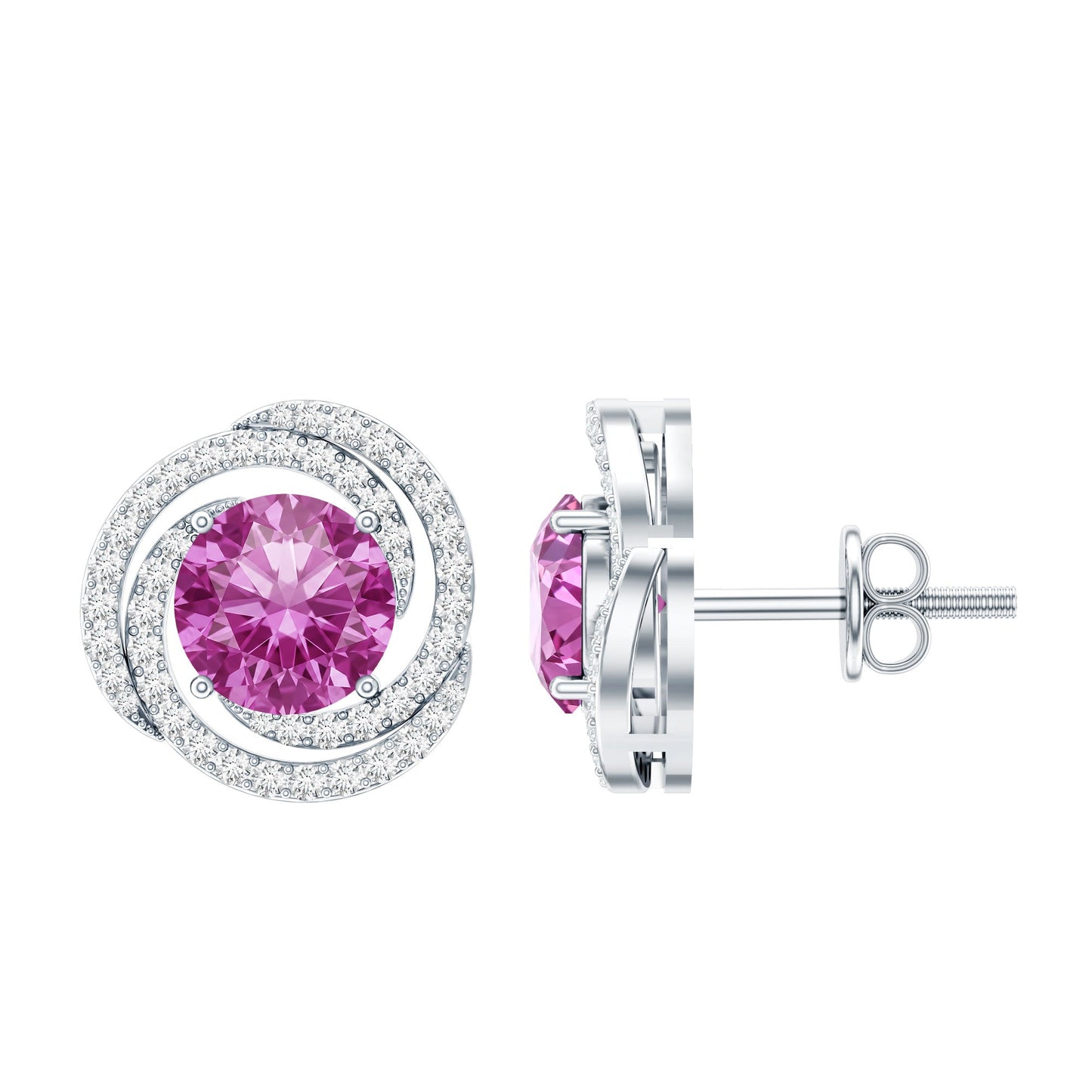 2 Carat Lab Created Pink Sapphire and Diamond Swirl Stud Earrings