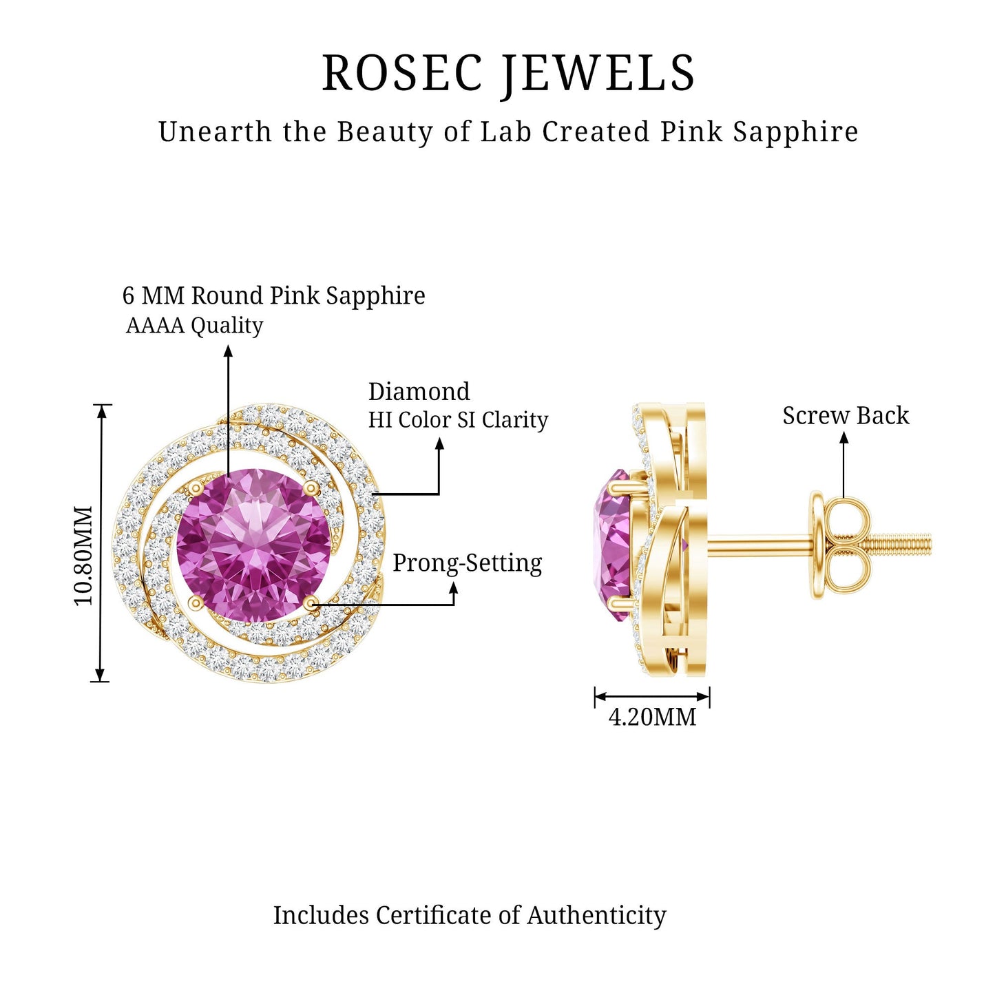 2 Carat Lab Created Pink Sapphire and Diamond Swirl Stud Earrings