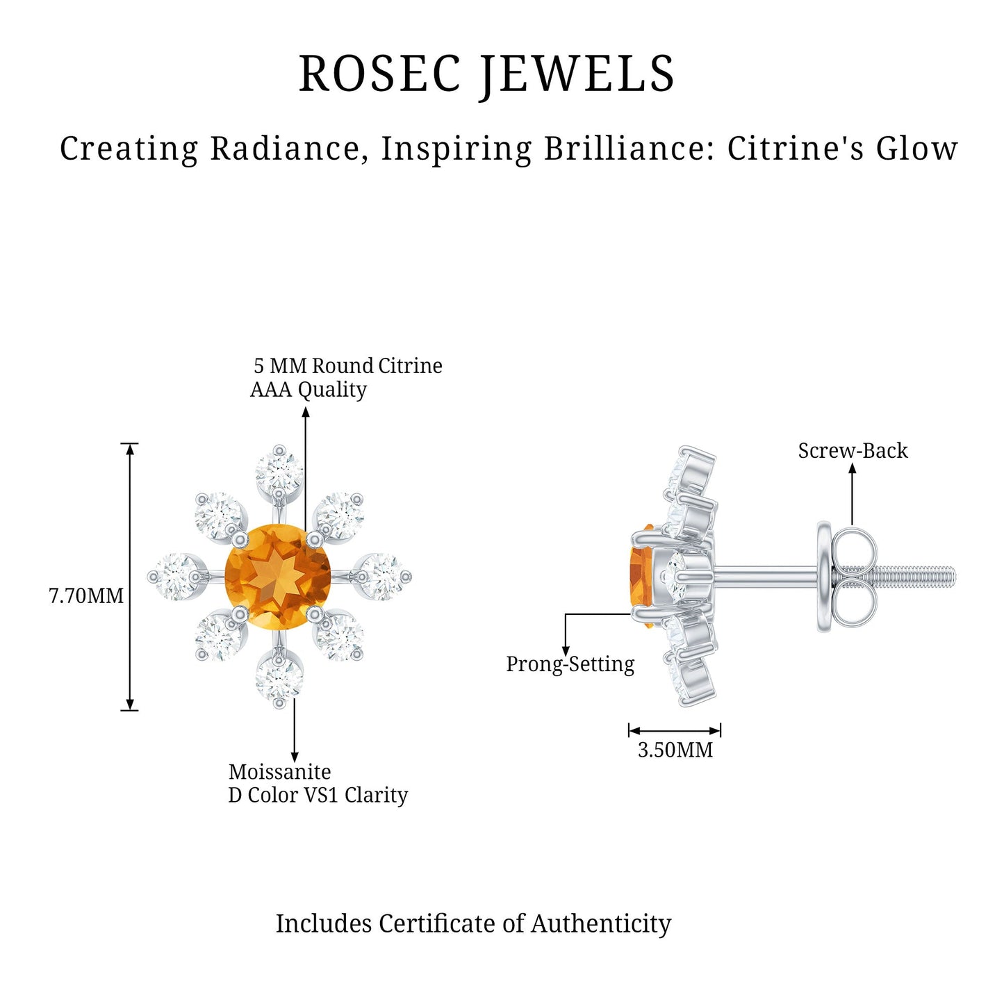 Certified Real Citrine Snowflake Earrings with Diamond