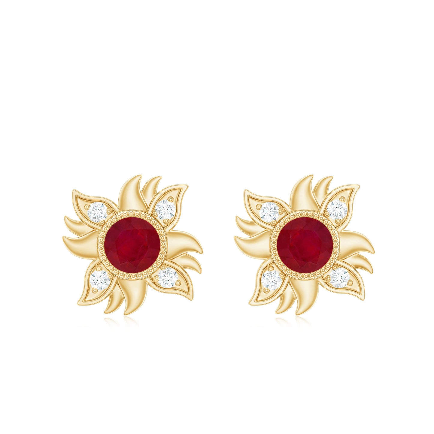 Real Ruby Diamond Sunburst Earrings with Screw Back
