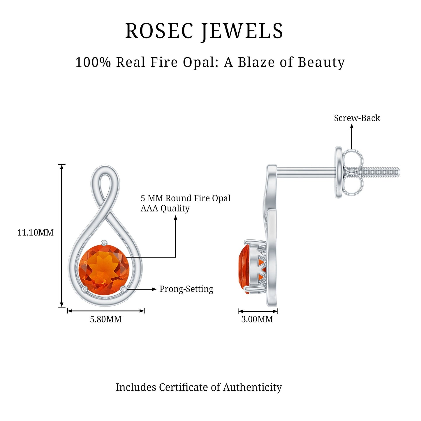 Round Cut Solitaire Fire Opal Infinity Stud Earrings