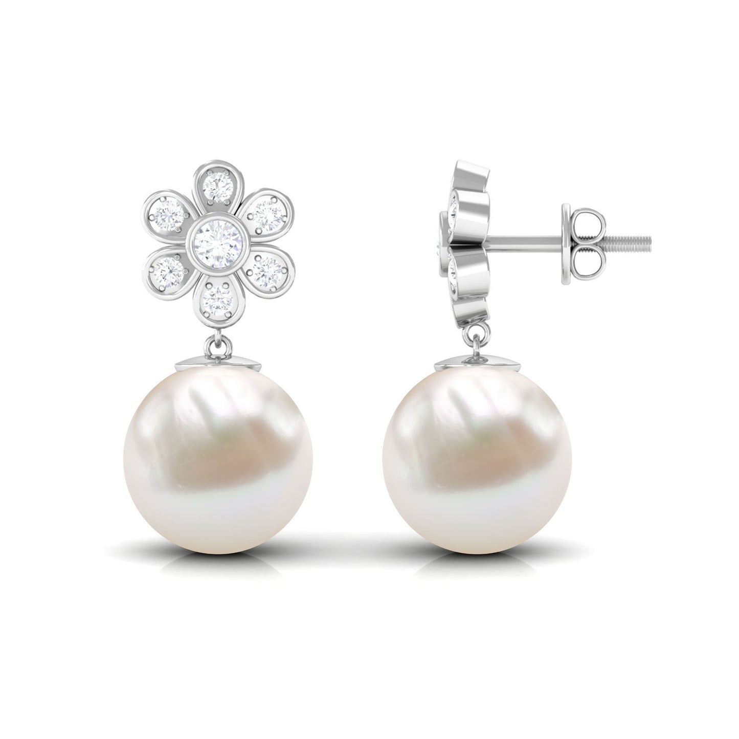 Cultured Freshwater Pearl Drop Earrings with Diamond Flower