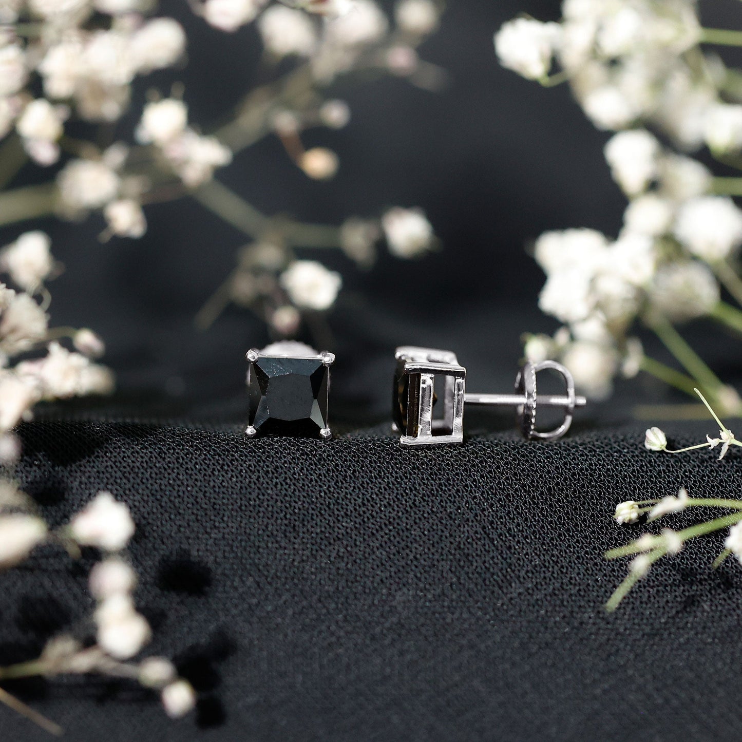 Natural Black Onyx Princess Cut Earrings with Screw Back
