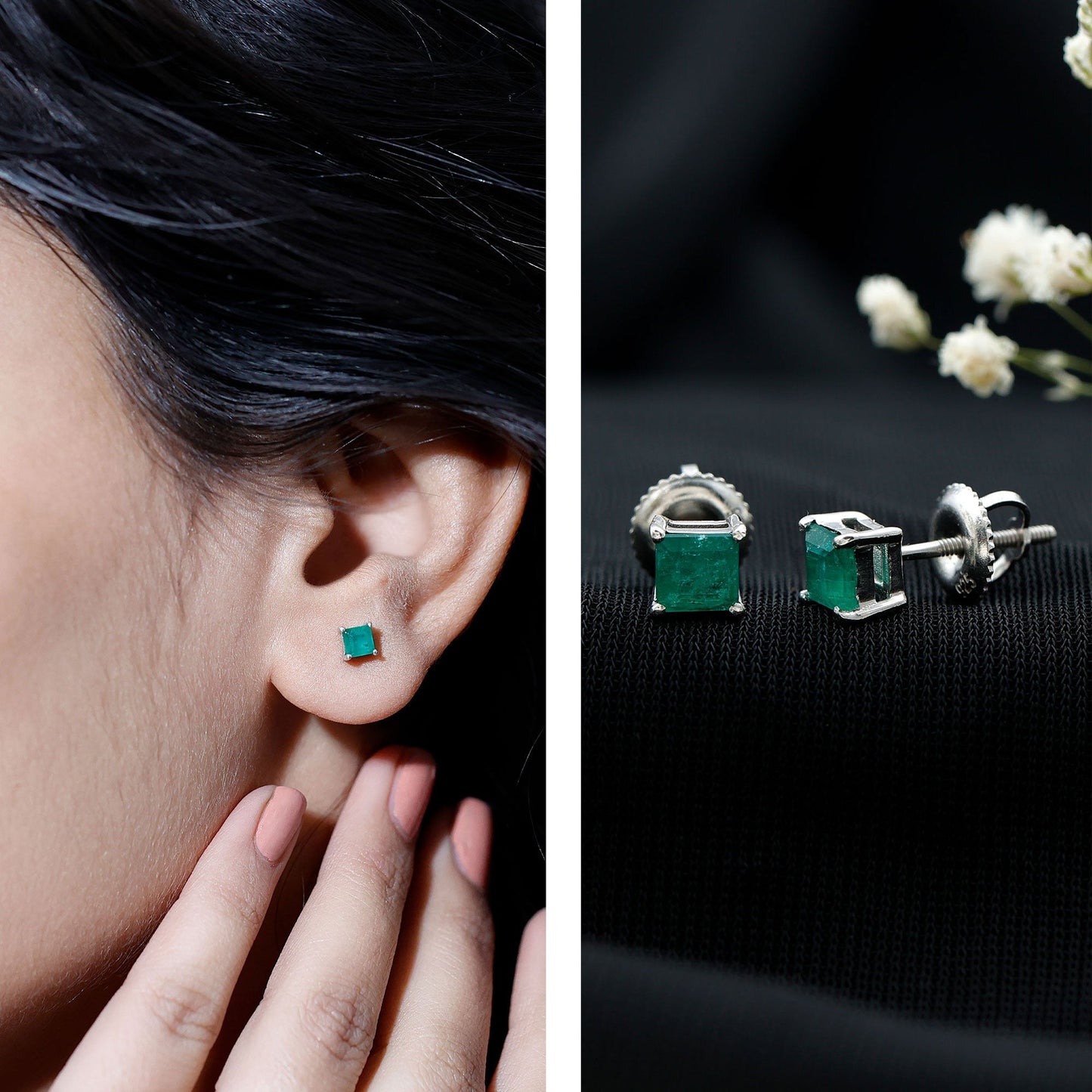 Princess Cut Natural Emerald Solitaire Stud Earrings