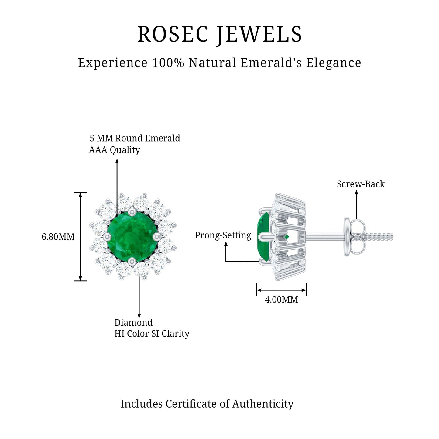 Natural Emerald Classic Stud Earrings with Diamond Halo